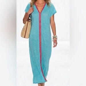 Pitusa Inca Maxi Dress Turquoise Blue V-Neck Kaftan Coverup Standard Peru